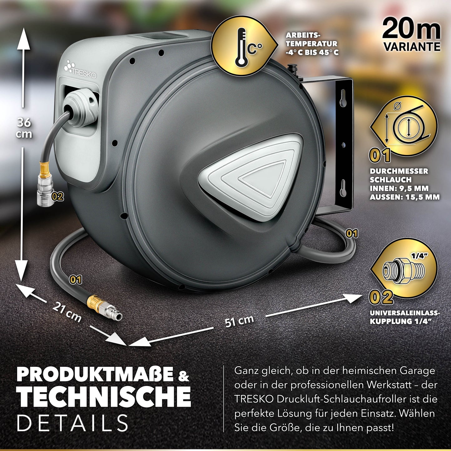 TRESKO® Druckluft Schlauchtrommel automatisch | Druckluftschlauch Aufroller 1/4" Anschluss | Wandschlauchhalter Automatik Schlauchaufroller
