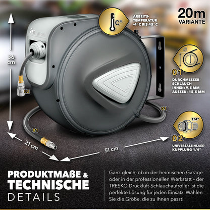 TRESKO® Druckluft Schlauchtrommel automatisch | Druckluftschlauch Aufroller 1/4" Anschluss | Wandschlauchhalter Automatik Schlauchaufroller