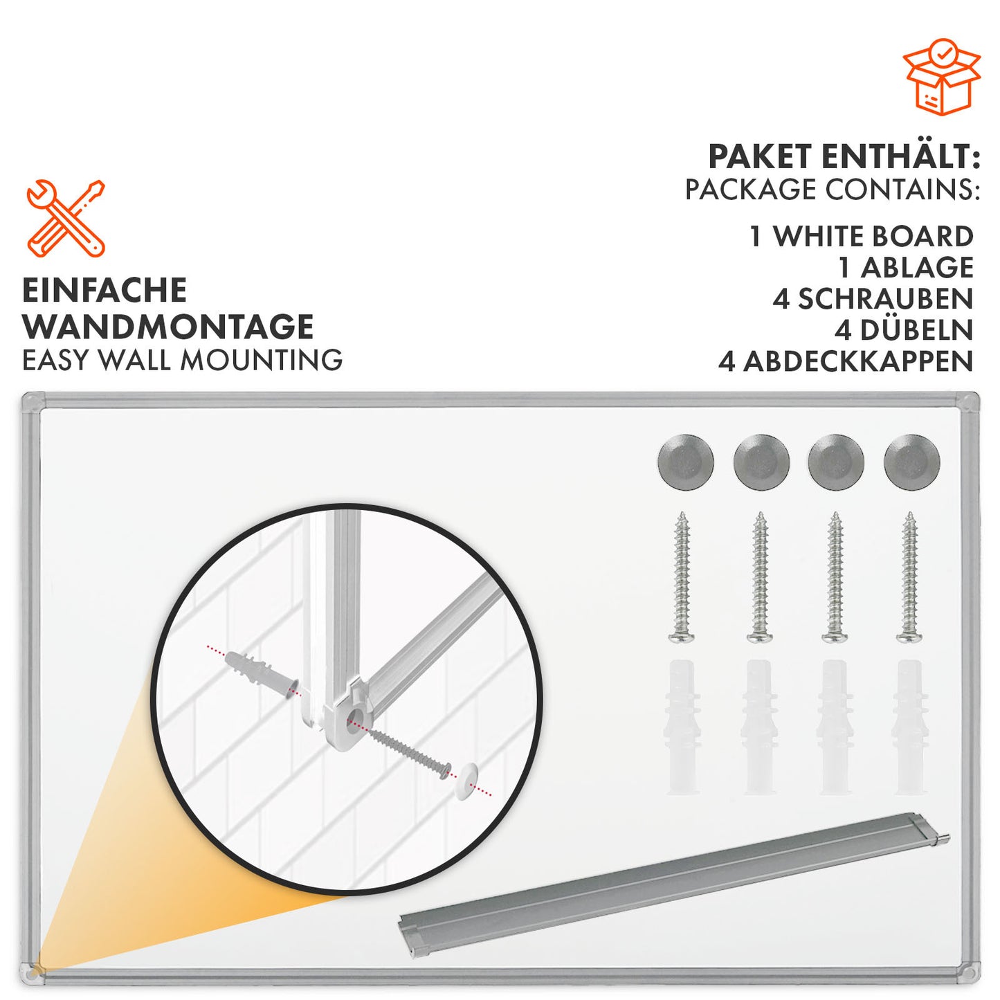 Whiteboard Magnettafel – Magnetisches Memoboard mit Alurahmen in Silber oder Schwarz, inkl. Stiftablage – Trocken abwischbare Schreibtafel für Büro, Home-Office & Schule