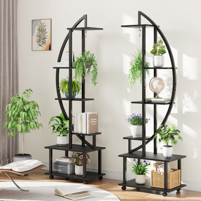 Set mit zwei schwarzen Holz-Halbmond-Pflanzenregalen (hergestellt aus Eisen und Melamin) | Fünf-stöckiger hoher Blumenständer mit Rädern und Haken, geeignet für Zuhause, Terrasse, Rasen, Garten und Balkon