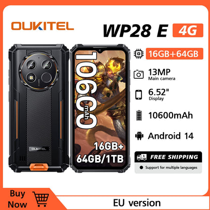 OUKITEL WP28E (2024) Handy – 16 GB RAM + 64 GB ROM (TF 1 TB), Android 14, 10600 mAh, 6,52 HD-Zoll, 13 MP + 5 MP Kamera, 4G Dual-SIM/OTG/IP68/IP69K/GPS/NFC