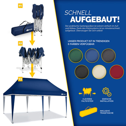 tillvex® Pavillon 3x6m Faltbar + 6x Sandsäcke | Pop-Up Faltpavillon Höhenverstellbar, Winterfest | Gartenzelt Stabil mit und ohne Seitenwänden UV Schutz 50+ | Partyzelt Wasserdicht mit Tasche für Garten