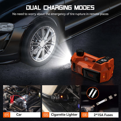 12V 5T Hochleistungs-Hydraulikwagenheber mit Reifenfüllpumpe & LED-Licht | Automobil-Hebesystem (15,5-45 cm Hub) für Auto, SUV, LKW Reifenwechsel | Garagenreparaturwerkzeug