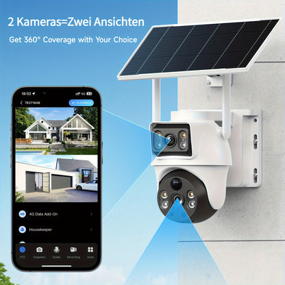 8MP Dual-Lens 4G Solar-betriebene Sicherheitskamera mit Batterie, inklusive SIM-Karte, Farb-Nachtsicht, automatische Personenerkennung, Zwei-Wege-Audio, drahtlose Schwenk-Neige-Überwachungskamera für Zuhause, dreht sich 360° horizontal und 90° vertikal