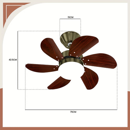 Chrom/Gefärbt/Weiß/Holzfarbe/Messingfarbe Deckenventilator mit Licht und Fernbedienung, leise Deckenleuchte, 6 Flügel, 75 cm, Ventilator mit Zeitfunktion, Einzelne Lampenleuchte, für Sommer/Winter im Schlafzimmer, Esszimmer (Ohne Leuchtmittel)