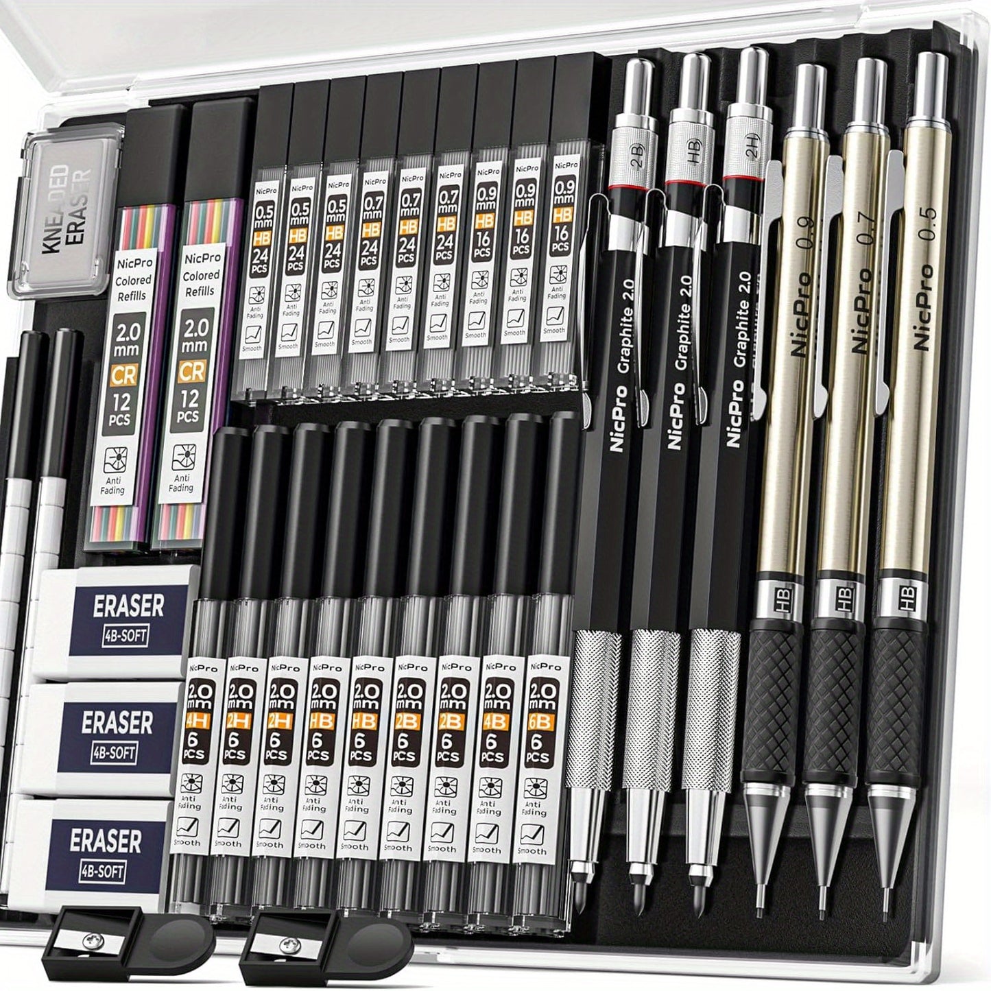 1 Set (35-tlg.) Künstler-Technikminenbleistift-Set, 3-tlg. technische Zeichenminen aus Metall 0,5 mm & 0,7 mm & 0,9 mm & 3-tlg. 2-mm-Minenhalter (6B 4B 2B HB 2H 4H Farben) zum Skizzieren  Zeichnen mit 20 Minen im Tubus  Etui