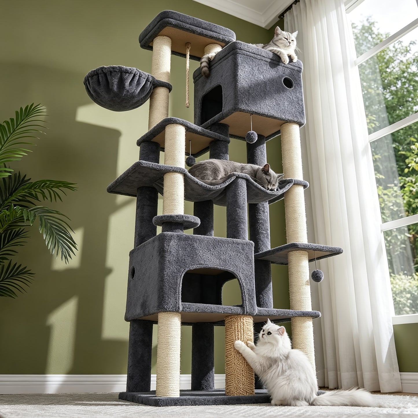187 cm Kratzbaum, ideal für große Katzen, mit neun wissenschaftlich gestalteten Ebenen, mit Abständen, die perfekt zum natürlichen Sprunggang großer Katzen passen