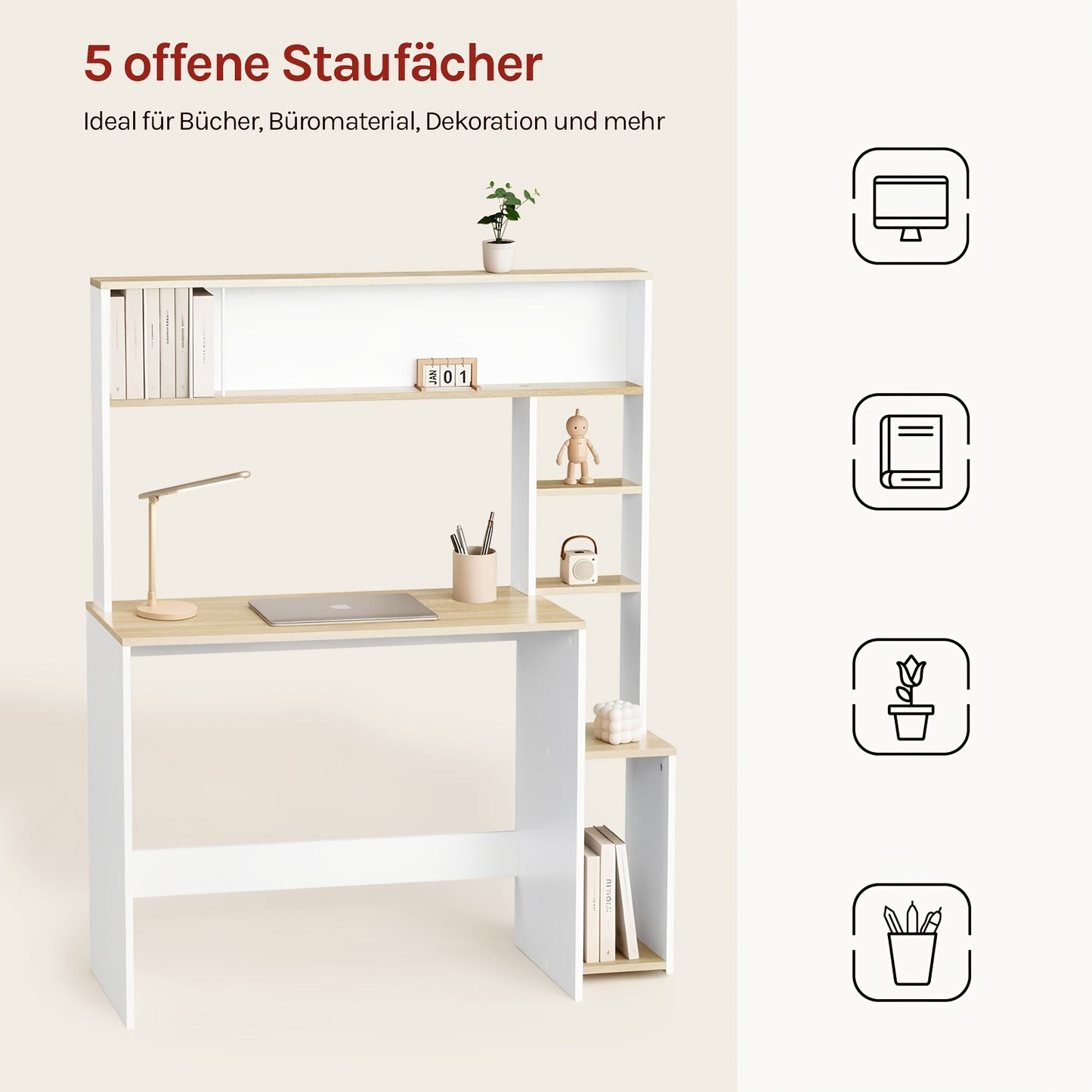 1 Stück Bürotisch, Computertisch mit Regalen, 5-stöckiges Bücherregal, Weißer Eichenholz Schreibtisch, Spiel- und Arbeitsplatz mit Stauraum, Heimbüro, Wohnzimmer-Schreibtisch, 113,5x139x45 cm