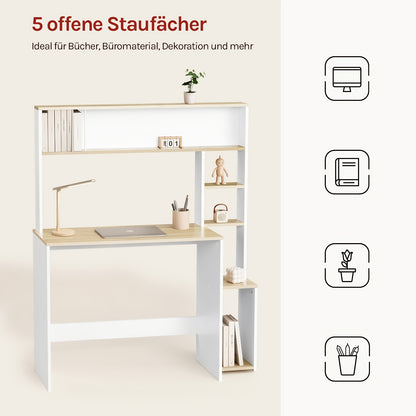 1 Stück Bürotisch, Computertisch mit Regalen, 5-stöckiges Bücherregal, Weißer Eichenholz Schreibtisch, Spiel- und Arbeitsplatz mit Stauraum, Heimbüro, Wohnzimmer-Schreibtisch, 113,5x139x45 cm