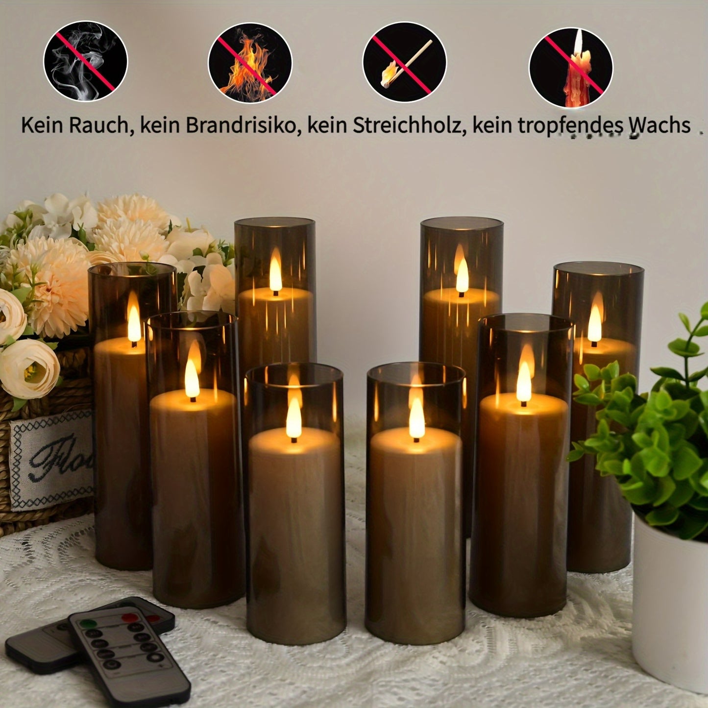 8er-Pack LED Kerzen für Halloween Tischdeko Innenbereich, Batteriebetriebene flackernde, realistische, flammenlose Kerzen mit Fernbedienung und Timer für Halloween, Haus, Fenster, Kamin, Weihnachten, Grau