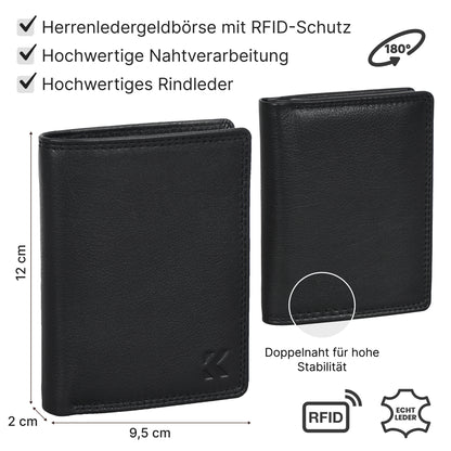 Leder Geldbörse Herren Portemonnaie RFID 10 Kartenfächer Hochformat EAAKIE Geldbeutel Echtleder Schwarz Maße : 12 x 9,5 x 2 cm