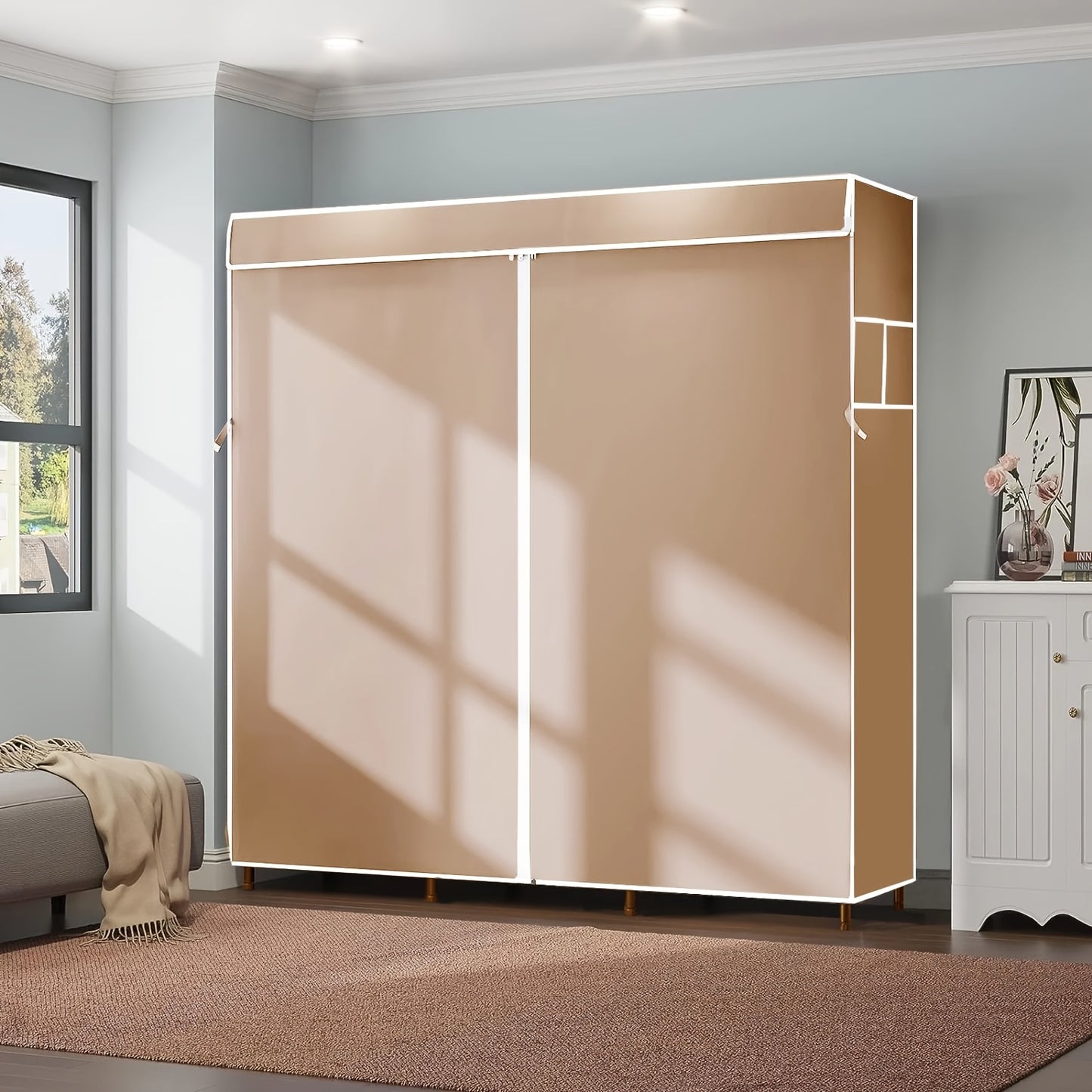 Tragbarer Kleiderschrank mit 3 Aufhängestangen, 6 Aufbewahrungsregalen & Seitentaschen (für Kleideraufbewahrung & -organisation), Kleiderschrank mit Griff, Kleiderschrank-Aufbewahrungsgestell, Schlafzimmeraufbewahrung