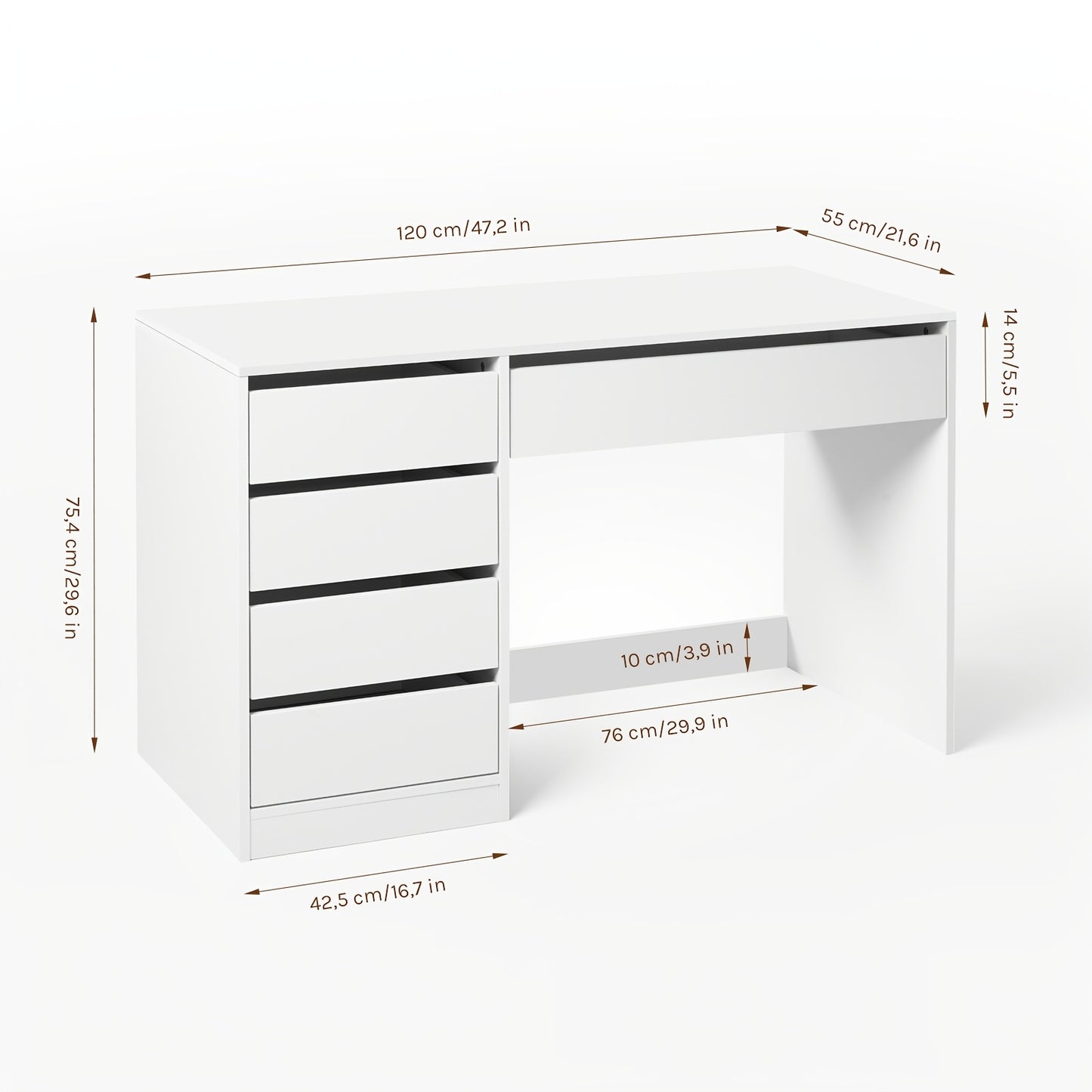 1 Stk. Schminktisch Sherry, 120x55cm, Schminktisch mit 5 Schubladen ohne Spiegel, Schreibtisch Computertisch mit Stauraum, Bürotisch Weiß