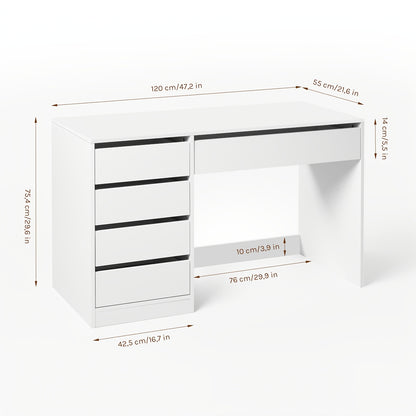 1 Stk. Schminktisch Sherry, 120x55cm, Schminktisch mit 5 Schubladen ohne Spiegel, Schreibtisch Computertisch mit Stauraum, Bürotisch Weiß