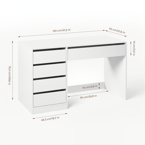 1 Stk. Schminktisch Sherry, 120x55cm, Schminktisch mit 5 Schubladen ohne Spiegel, Schreibtisch Computertisch mit Stauraum, Bürotisch Weiß