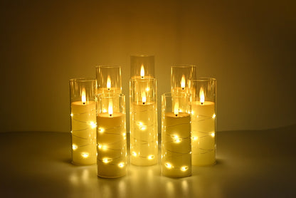 8 Stück LED-Kerzen mit eingebetteter Lichterkette für Feen-Lichterketten für Hochzeitsdeko Tisch-Mittelstück, batteriebetriebene flackernde realistische flammenlose Kerzen mit Fernbedienung  Timer für Halloween, Zuhause, Fenster, Kamin-Deko, Weihnachten,