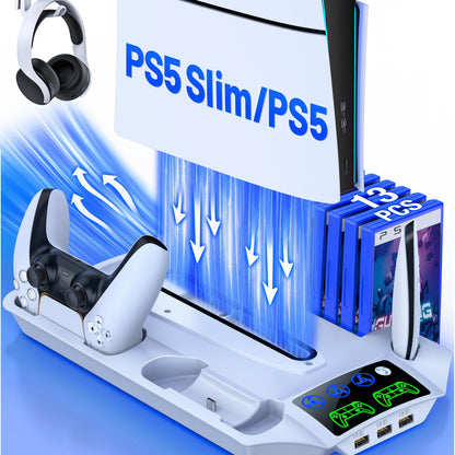 Kühlgebläse-Ständer für PS5, PS5 Slim, PS5 Digital & Disc Version mit 3-stufig einstellbarem Lüfter, Kopfhörerhalter (ohne Fernbedienung  Controller)