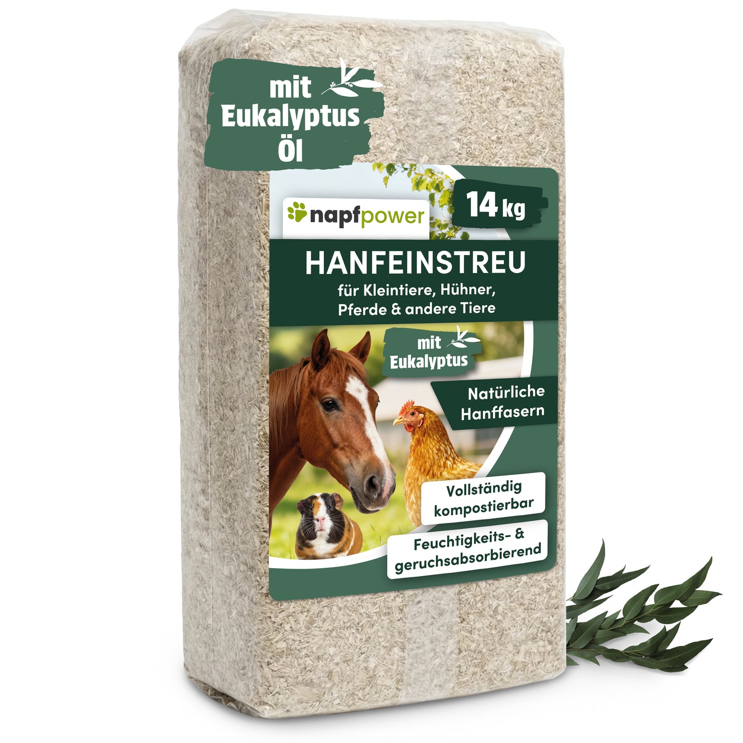 napfpower® Hanfeinstreu 14 kg für Hühner, Kleintiere & Pferde | staubarmes Hanfstreu für Hühner & Kleintiere | extrem saugfähiges & kompostierbares Hanf Einstreu für Tierställe