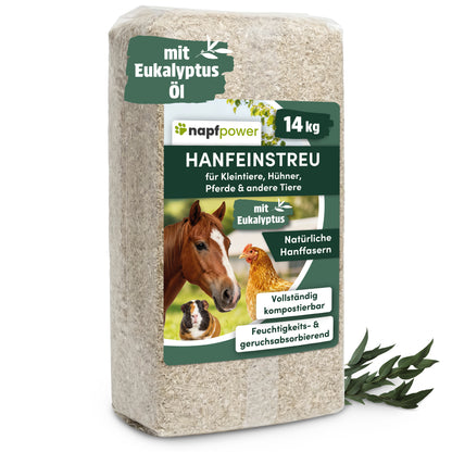 napfpower® Hanfeinstreu 14 kg für Hühner, Kleintiere & Pferde | staubarmes Hanfstreu für Hühner & Kleintiere | extrem saugfähiges & kompostierbares Hanf Einstreu für Tierställe