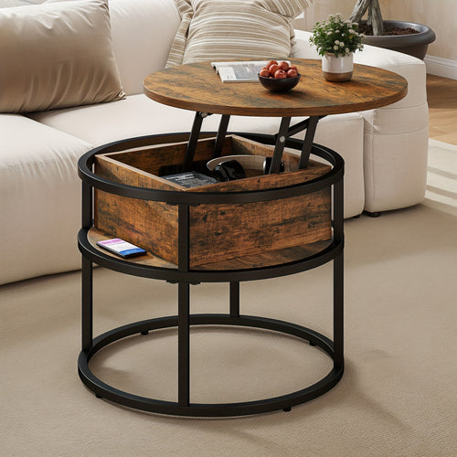 Runder Couchtisch mit Hebeboden, Wohnzimmertisch mit Stauraum 60X60X47Cm, Höhenverstellbarer Couchtisch für Wohnzimmer