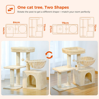 Pawz Road Kleiner Kratzbaum für Wohnungskatzen - 2-in-1 Konvertierbares Aktivitätszentrum mit Kratzsäulen, Plüschhängematte & Abnehmbarer Obersitz, Stabile Platzsparende Bauweise für Kätzchen, Grau & Beige, Niedlicher Kratzbaum, Verspieltes Musterdekor, N