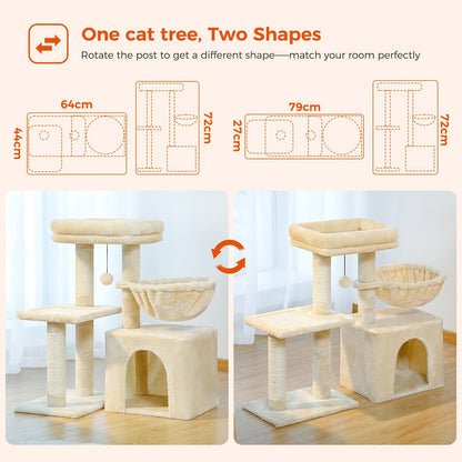 Pawz Road Kleiner Kratzbaum für Wohnungskatzen - 2-in-1 Konvertierbares Aktivitätszentrum mit Kratzsäulen, Plüschhängematte & Abnehmbarer Obersitz, Stabile Platzsparende Bauweise für Kätzchen, Grau & Beige, Niedlicher Kratzbaum, Verspieltes Musterdekor, N