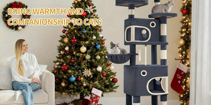 Kratzbaum, 180 cm Kratzbaum mit 8 Kratzpfosten, 3 Plattformen, 2 Höhlen, Korb, Plüschbälle, Sisalseil, geeignet für Katzen verschiedener Größen, Beige/Hellgrau/Dunkelgrau