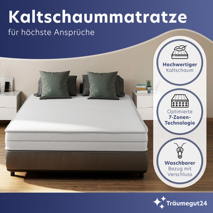Träumegut24 - Ergonomische 7-Zonen Kaltschaummatratze | Härtegrad H2&H3 | Verschiedene Größen | Hypoallergen | Bezug abnehmbar & waschbar | OEKO-TEX zertifiziert