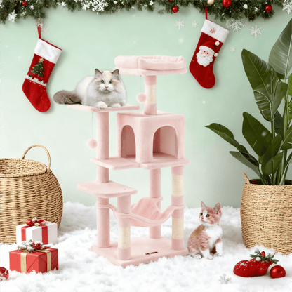 Katzenklettergerüst 112 cm hoch，Kratzbaum，mehrstöckiger Katzenbaum mit Höhle Schlafnest Plüschspielzeug , mehrstöckiges Katzenhaus mit 4 Kratzsäulen, 2 Plattformen, Hängematte,Stabiles Und Langlebiges ,für Wohnungskatzen Und Kätzchen