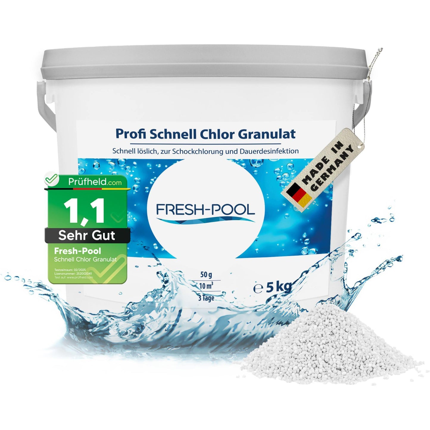 Fresh-Pool Profi Schnell Chlor Granulat, 56% Aktivchlor, 5 kg incl. Dosierbecher - Pool Chlor Granulat | Clorgranulatpool 5kg | Chlorgranulat für Pool