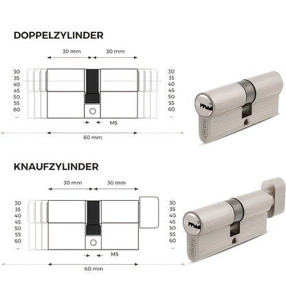 Set mit 1 Zylinderriegel 45/45, 35/35, 30/30, solider Doppelzylinder-Türriegel - Vernickeltes Messing - Inklusive 5 Schlüssel - Reversibler Schlüssel
