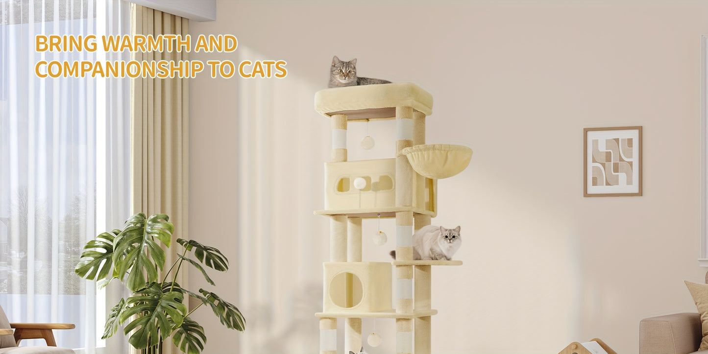 Katzenbaum für Innen, 170 cm hoch, geräumiges Mehrfach-Etage-Katzenhaus mit Condo, 8 Kratzstämmen, einer Hängematte und 4 Pompons