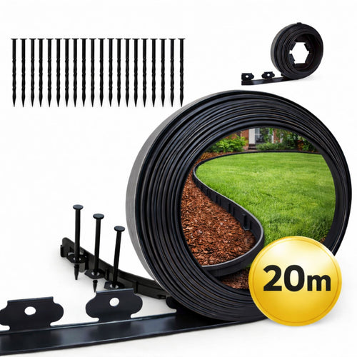 20 m Rasenkante Flexible Gartenkante Höhe 4 cm Kunststoff Rasenbegrenzung Set mit Befestigungsnägeln Robuste Erdanker Schwarz Grasabtrennung Mähkante Gartenrand L-förmige Gartenbarriere Einfache Montage