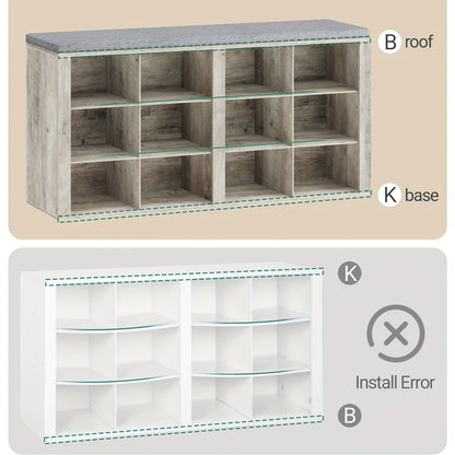 Schuhbank, Schuhregal mit Sitz, Bank mit Stauraum, Kissen, 12 Fächer, für Wohnzimmer, Flur, Schlafzimmer, Weiß-Grau