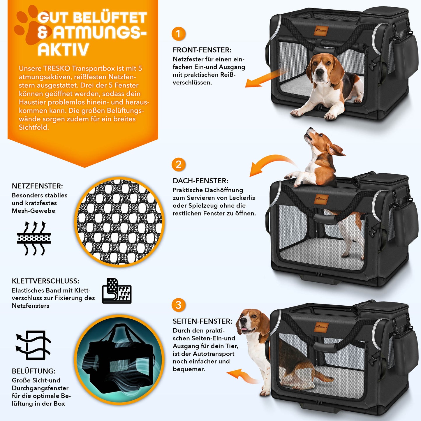 TRESKO® Hundebox faltbar inkl. Leckmatte, Spatel & Reflektoren | Transportbox für Hunde und Katzen | Hundetransportbox Auto für kleine, mittelgroße & große Hunde | Hundetasche für Zuhause Auto robust Anthrazit