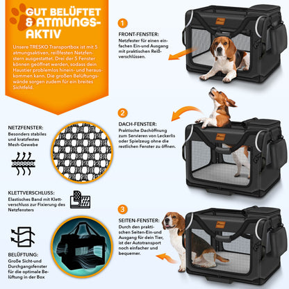 TRESKO® Hundebox faltbar inkl. Leckmatte, Spatel & Reflektoren | Transportbox für Hunde und Katzen | Hundetransportbox Auto für kleine, mittelgroße & große Hunde | Hundetasche für Zuhause Auto robust Anthrazit