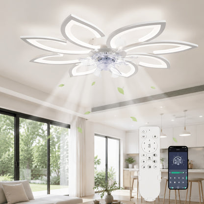 Deckenventilator im Blumenmuster (mit Beleuchtung und Fernbedienung), einstellbare LED-Leuchte, 6 Windgeschwindigkeitsstufen; geeignet für Wohnzimmer und Schlafzimmer; Weiß, 90 cm