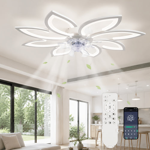 Deckenventilator im Blumenmuster (mit Beleuchtung und Fernbedienung), einstellbare LED-Leuchte, 6 Windgeschwindigkeitsstufen; geeignet für Wohnzimmer und Schlafzimmer; Weiß, 90 cm