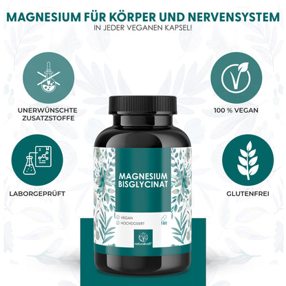 Magnesium Bisglycinat Kapseln – 2400 mg Magnesiumbisglycinat pro Tagesdosis – 300 mg elementares Magnesium – 180 Kapseln – Vegan
