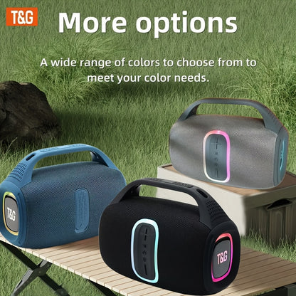 T&G Tragbarer kabelloser Lautsprecher – 24W HD-Sound mit bunten LED-Lichtern | 3600mAh Akku | IPX4 wasserfest | 10,06 Meter kabellose Reichweite | Freisprechanrufe | Mehrfachwiedergabe (TF-Karte/USB/Kabellos/AUX) | Perfekt für Outdoor, Reisen & Partys | K