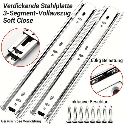 6er-Pack Schiebeschienen für Schubladen mit Kugellager, seitlich montiert, voll ausziehbar, Soft-Close, mit Kugellager für hohe Belastbarkeit, bequemes Verriegeln, leise und reibungslos, einfache Aufbewahrung im Schrank, stabil und langlebig, super sicher