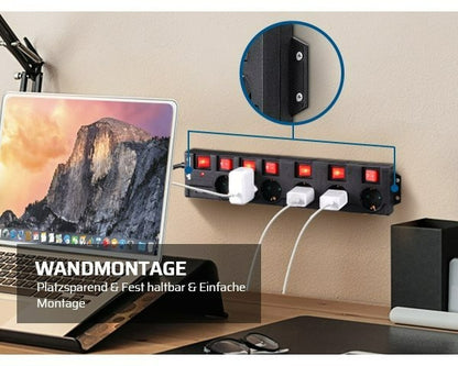 Steckdosenleiste Einzeln Schaltbar mit USB, 6Fach Steckdosenleiste mit Schalter, Mehrfachsteckdose mit Überlastschutz, Kindersicherung, 90° Gedreht, 2M/3M, Weiß/Schwarz