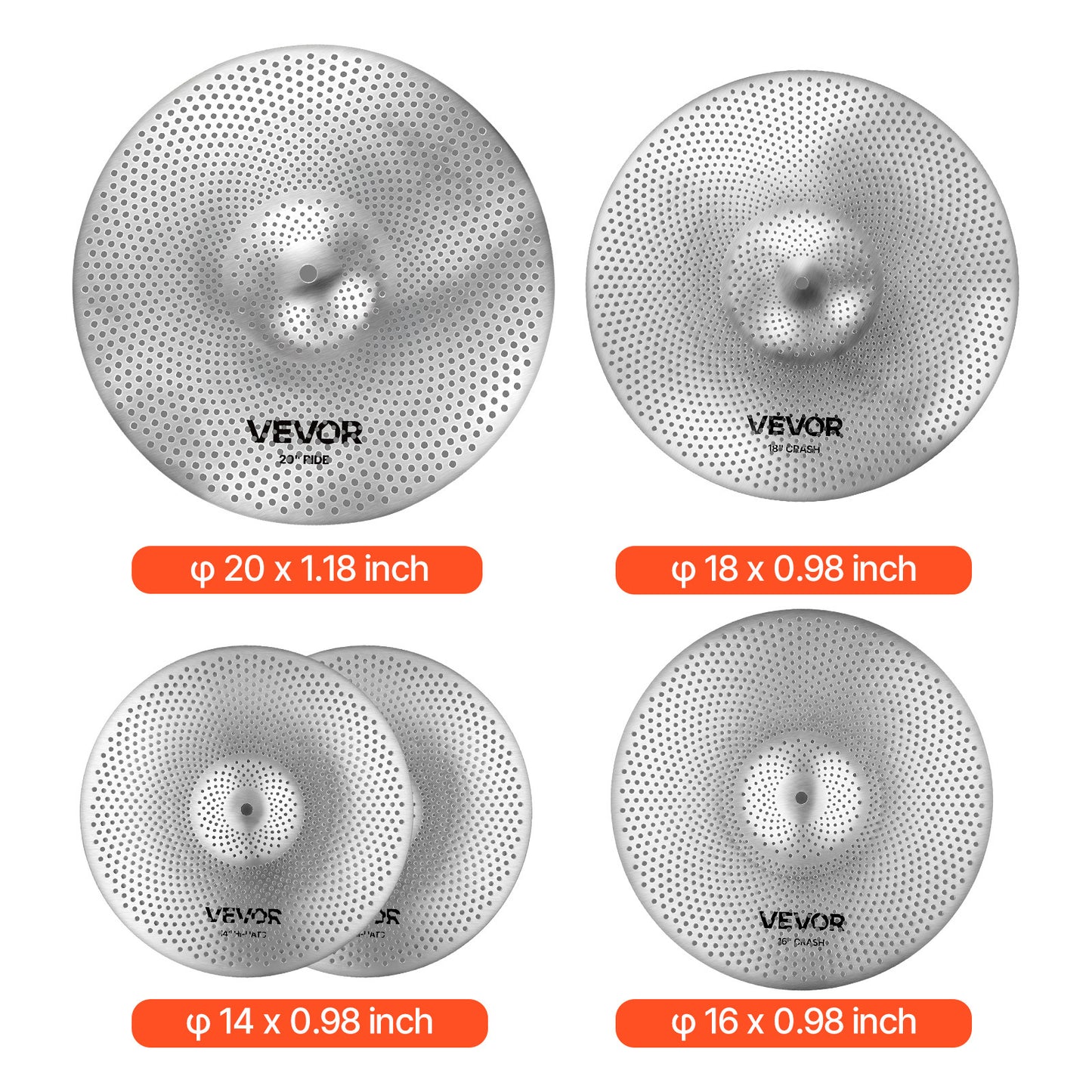 VEVOR Low Volume Becken Set 4 Stück 14 16 18 20 Zoll Becken für Schlagzeug