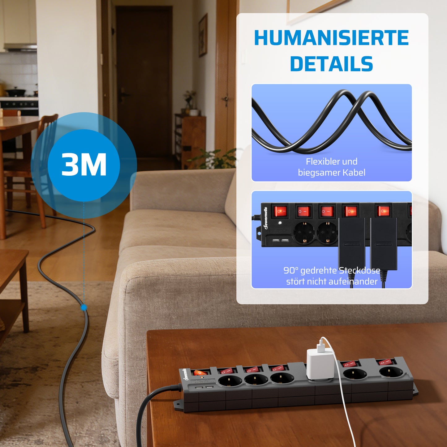 Steckdosenleiste Einzeln Schaltbar mit USB, 6Fach Steckdosenleiste mit Schalter, Mehrfachsteckdose mit Überlastschutz, Kindersicherung, 90° Gedreht, 2M/3M, Weiß/Schwarz