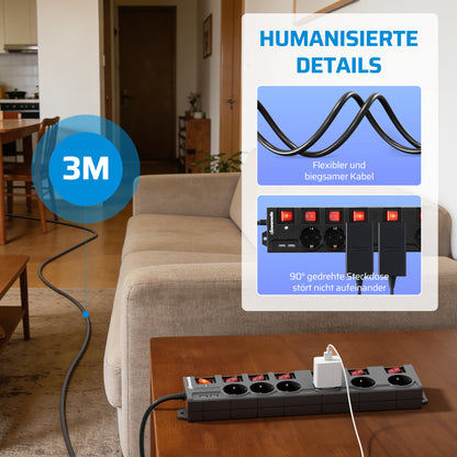 Steckdosenleiste Einzeln Schaltbar mit USB, 6Fach Steckdosenleiste mit Schalter, Mehrfachsteckdose mit Überlastschutz, Kindersicherung, 90° Gedreht, 2M/3M, Weiß/Schwarz