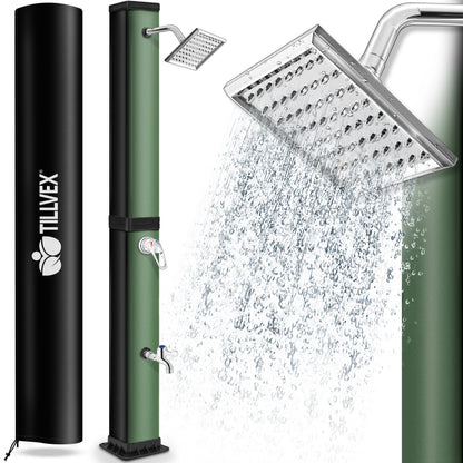 tillvex® Solardusche 20 - 60 Liter inkl. Abdeckung Solar Gartendusche Solar für draußen Pooldusche Komplettset warmes Wasser Camping ohne Stromanschluss mit Wasserhahn Gartenschlauch-Anschluss