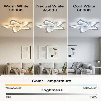 LED Deckenventilator mit Blütenblatt-Design und Licht, Tri-Color Dimming, 6-stufige Windgeschwindigkeitsanpassung, ausgestattet mit Fernbedienung, geeignet für Schlafzimmer, Küchen und Wohnzimmer