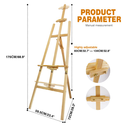 Staffelei Holz Groß Kiefernholz 175cm Holzstaffelei - Feldstaffelei höhenverstellbar große & kleine Keilrahmen – Staffelei für Kinder & Erwachsene, Hochzeit, Leinwände, Easel Atelierstaffelei für Künstler, Hochzeit