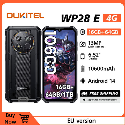 OUKITEL WP28E (2024) Handy – 16 GB RAM + 64 GB ROM (TF 1 TB), Android 14, 10600 mAh, 6,52 HD-Zoll, 13 MP + 5 MP Kamera, 4G Dual-SIM/OTG/IP68/IP69K/GPS/NFC