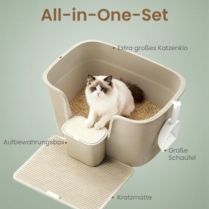 Große Katzentoilette mit hohen Seitenwänden, Katzenstreumatte und Schaufel, Aufbewahrungsbox